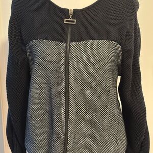 Paula Hian Black Knit Fabric zip up jacket. Size large.